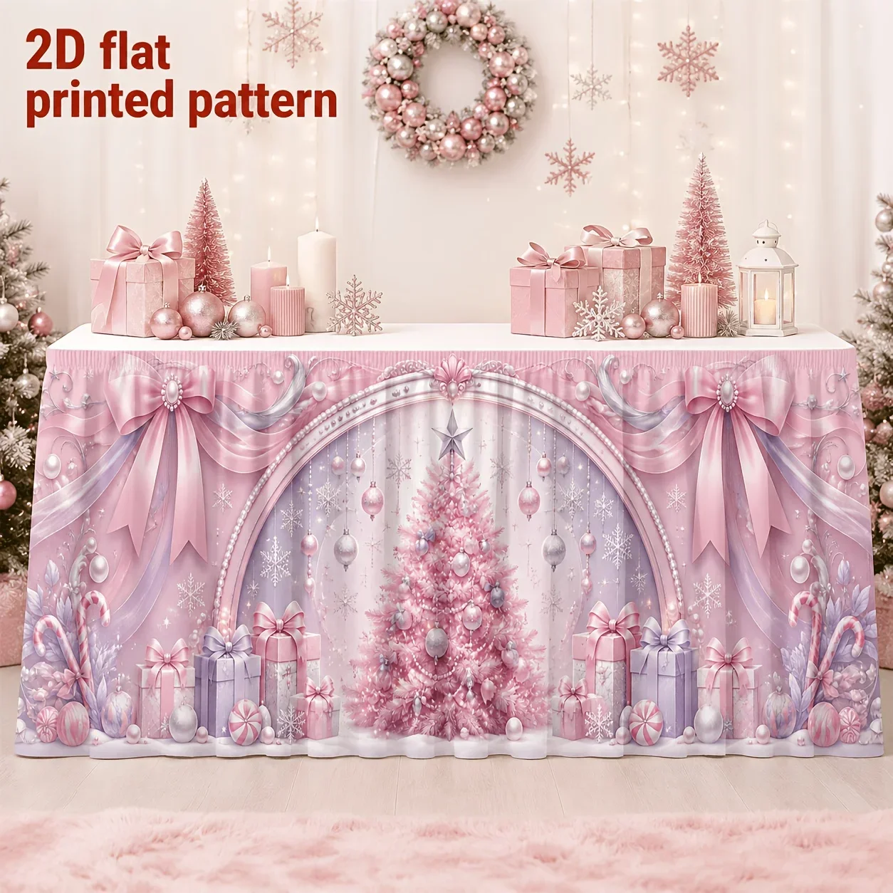 One-piece table flag tablecloth - Pink Christmas arch pattern tablecloth - Romantic and elegant, full of imaginationxzj