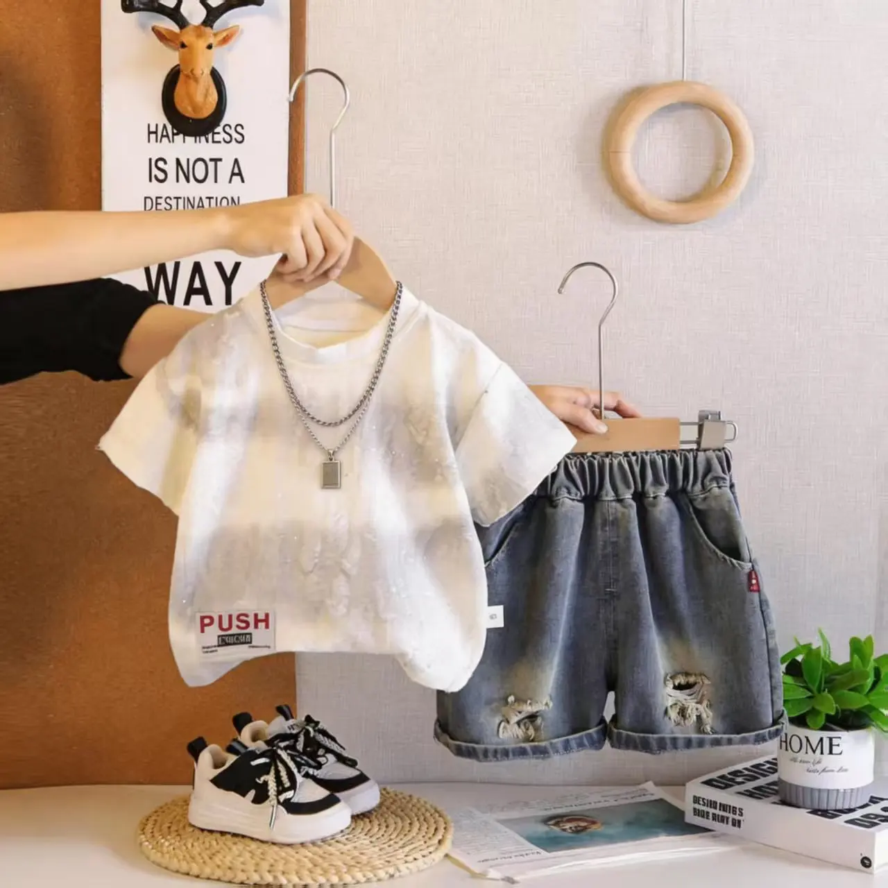 2026 Toddler Boys Tie Dye Print Short Sleeve T-Shirt and Ripped Denim Shorts Set Kids Streetwear Outfits Baby Boy Summer Clothes