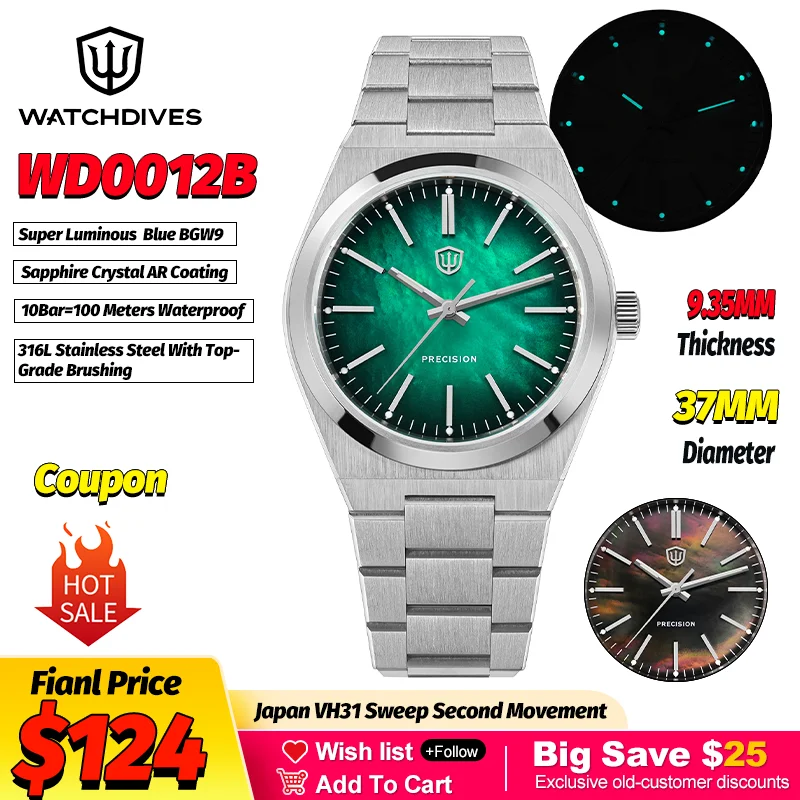 Watchdives WD0012 Pearls Mops Dial Quartz Watches VH31 Sweep Movement Ar Sapphire Luminous BGW9 10Bar Waterproof New 37Mm Watch