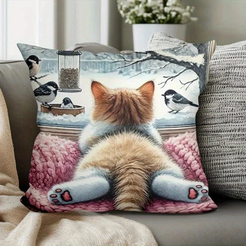 Niedlicher Kätzchen-Vogelbeobachter Kissenbezug Winter Gemütlicher Katzen-Druck Wildtier Natur Kissenhülle für Sofa Bett Couch Katzen-Heimdekoration
