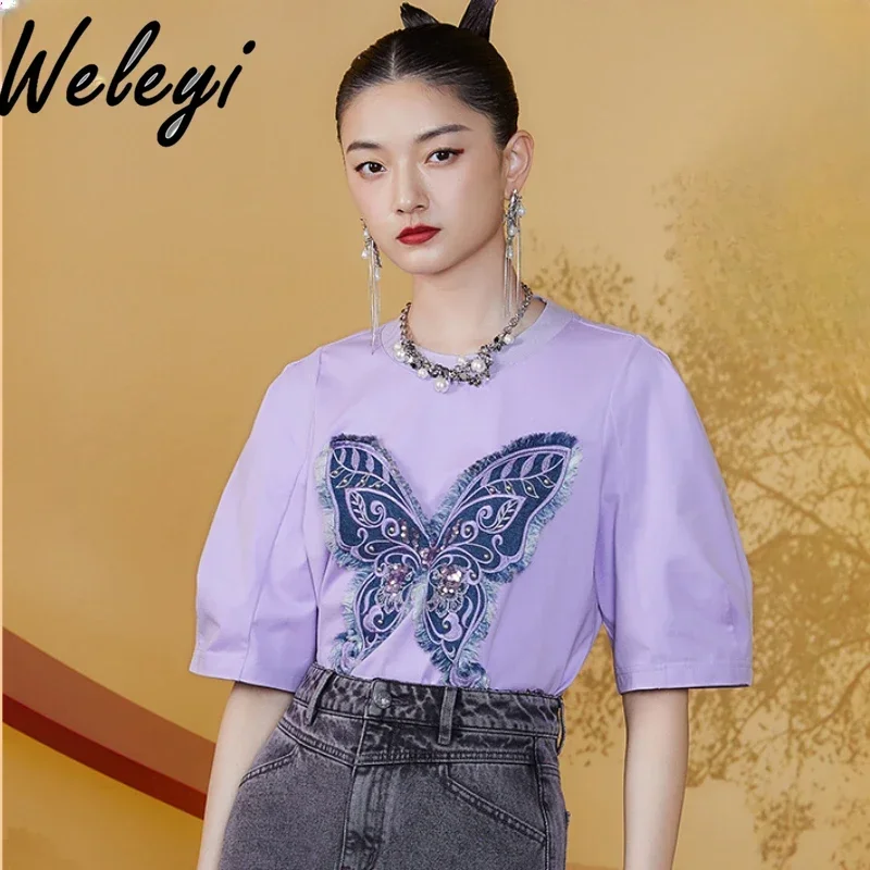 Chinese Style Summer Embroidery Purple Tshirt for Women Loose Sequins Short Sleeve Embroidered T-shirt Female Aesthetic Clothes