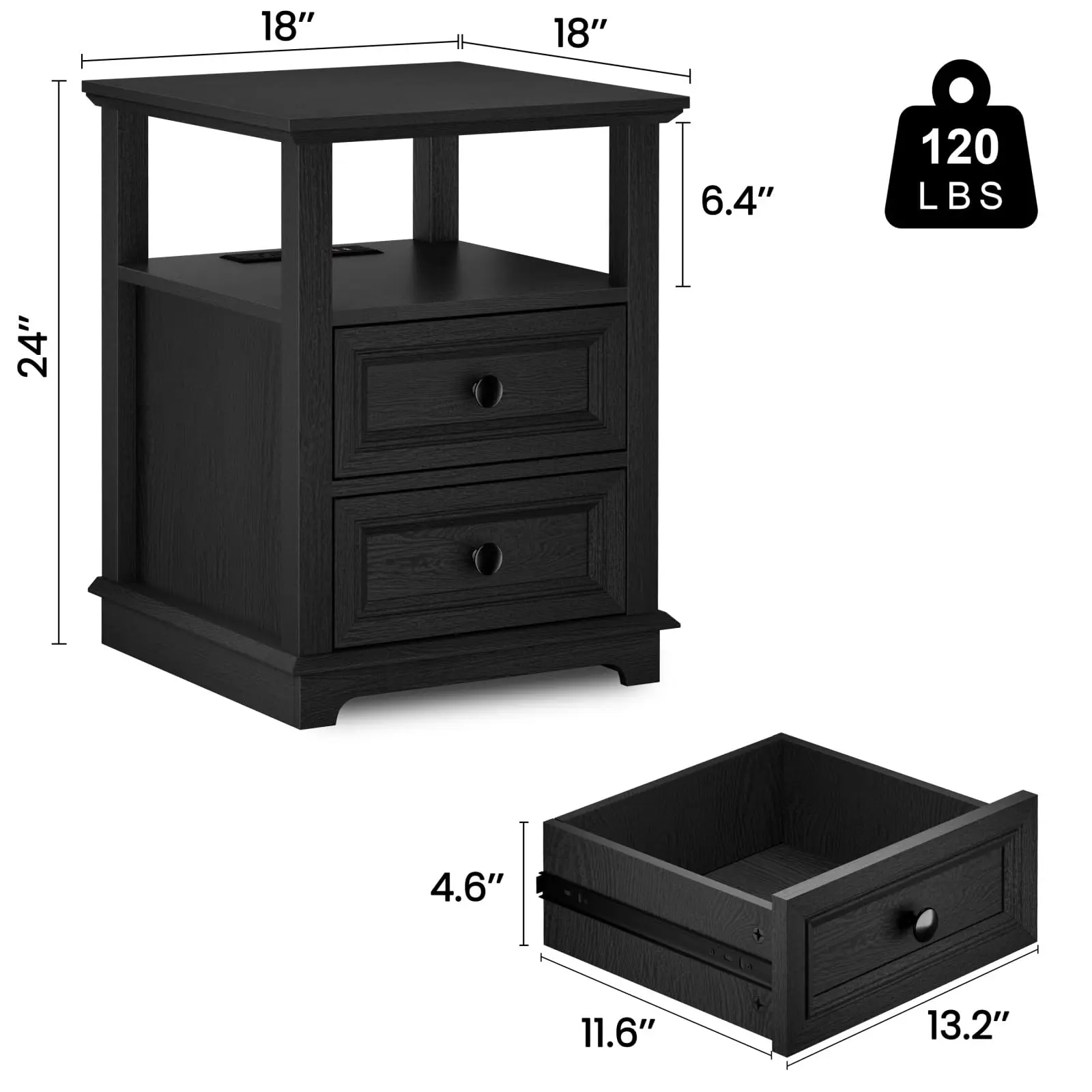 Side Table with Fast USB C Charging Station & 2 Drawers