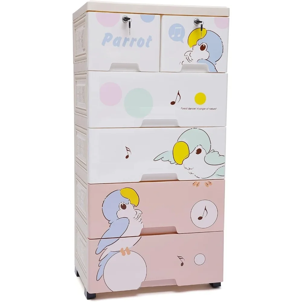 Plastic Drawers Storage Dresser 6 Drawer Storage Cabinet Storage Bins Removable Wheels Kids Nightstand with Parrot Pattern for