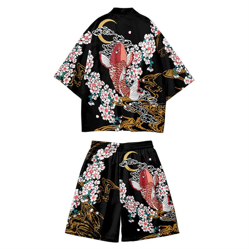 Novelty Two-piece Suit Japanese Cardigan Cosplay Kanagawa Wave Carp Print Yukata Kimono Shorts Sets Patchwork Asian Traditional
