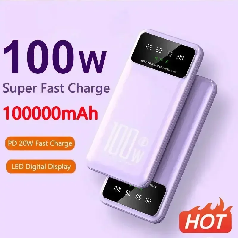 Banque d'alimentation à charge super rapide, chargeur portable, batterie externe pour iPhone, Huawei, Samsung, 100000mAh, 100W, nouveau