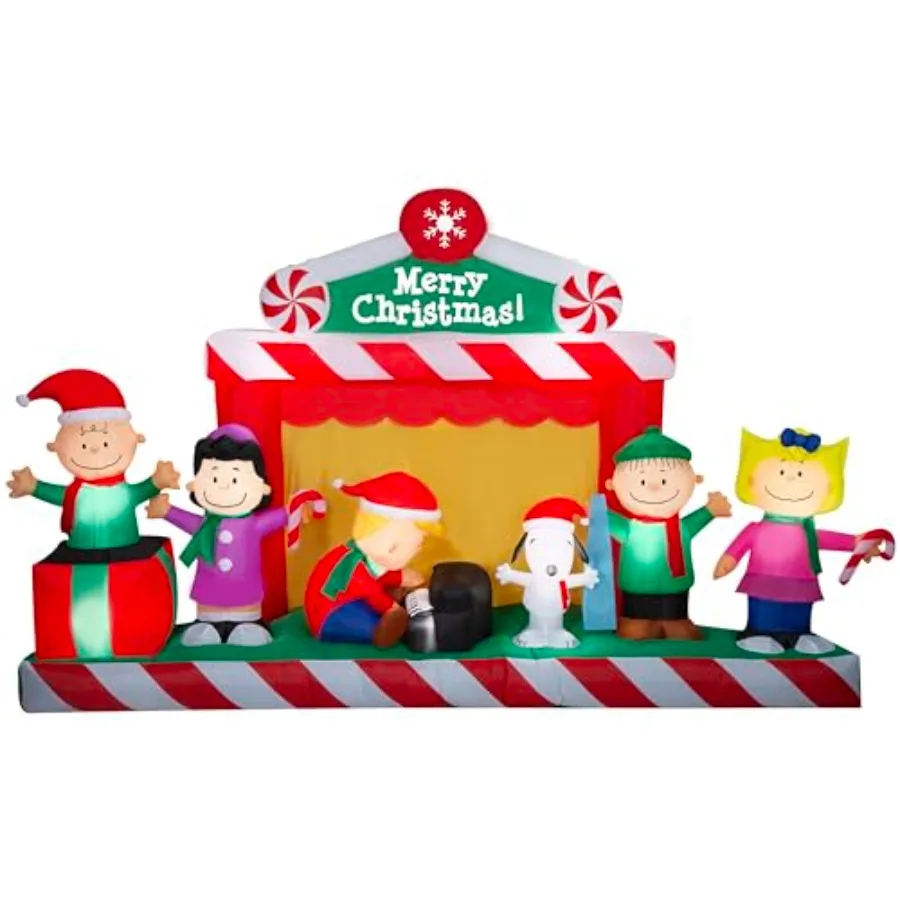 

Giant Christmas Inflatable Peanuts Gang Stage Scene for outdoor display, PVC material, red and white colors, weather-resistant