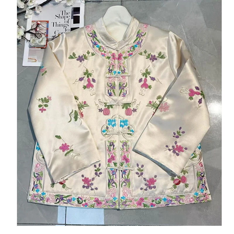Autumn Winter New Standing Collar Chinese Handmade Button Acetate Fabric Embroidered Small Flower Elegant Women's Cotton Jacket