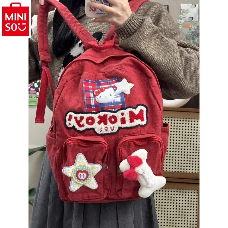 

MINISO Retro Large Capacity School Bag Wash Canvas Cartoon Cute Hello Kitty School Kids Backpack