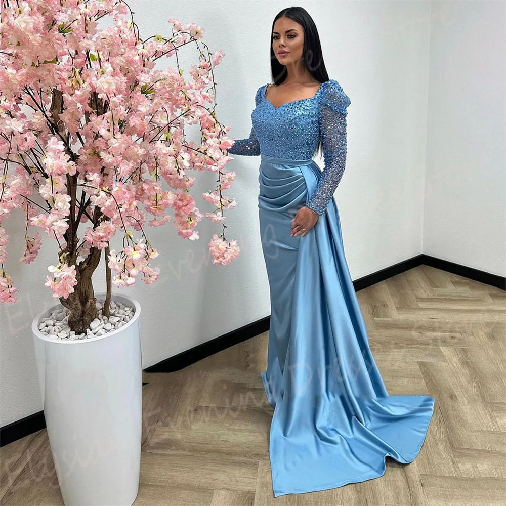 

Pretty Blue Women's Mermaid Graceful Evening Dresses Classic Long Sleeve Prom Gowns Beaded Pleated Formal Party Vestido De Noche