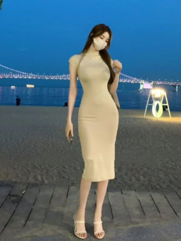 Vestido de manga corta con Cuello medio alto para mujer, vestido largo ajustado con cintura ajustada, color liso, versión coreana, verano, 2024