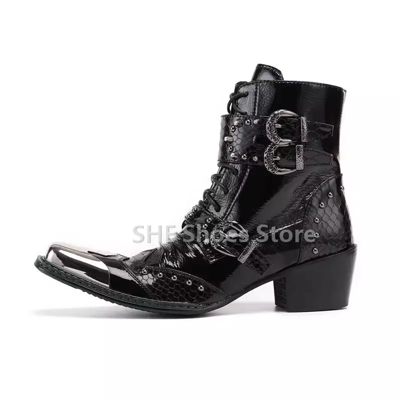 

Punk Style Black Rivet Belt Buckle Decor Men's Ankle Boots Fashion Deisgn Metal Square Toe Chunky Heel Male Party Dress Boots