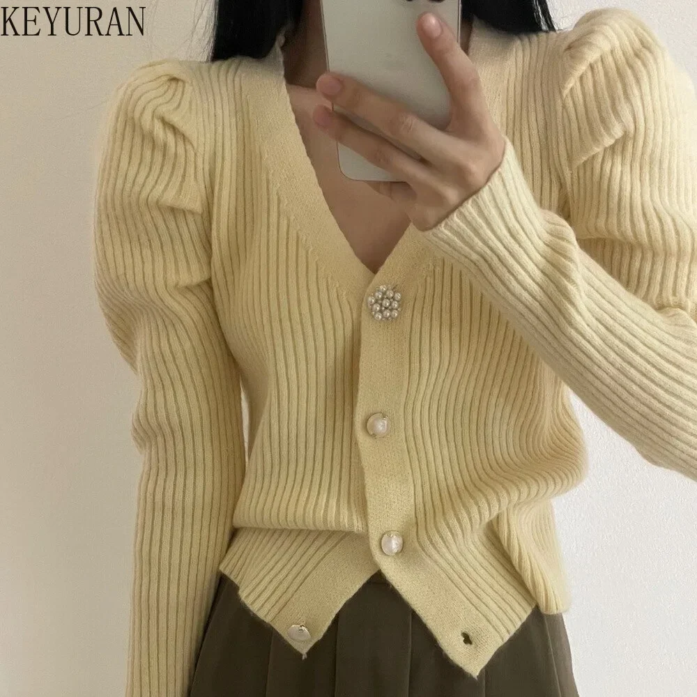 Red Women Cardigans Sweater 2024 Spring Autumn French Korean Fashion V-neck Slim Puff Sleeve Striped Knitted Sweaters Ladies Top