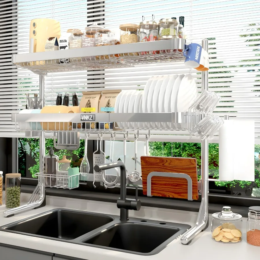 

Сушилка для посуды над раковиной, 3-х уровневая полная нержавеющая сталь для хранения, регулируемая длина (25,98–36,61 дюйма), кухонная стойка, многофункциональная