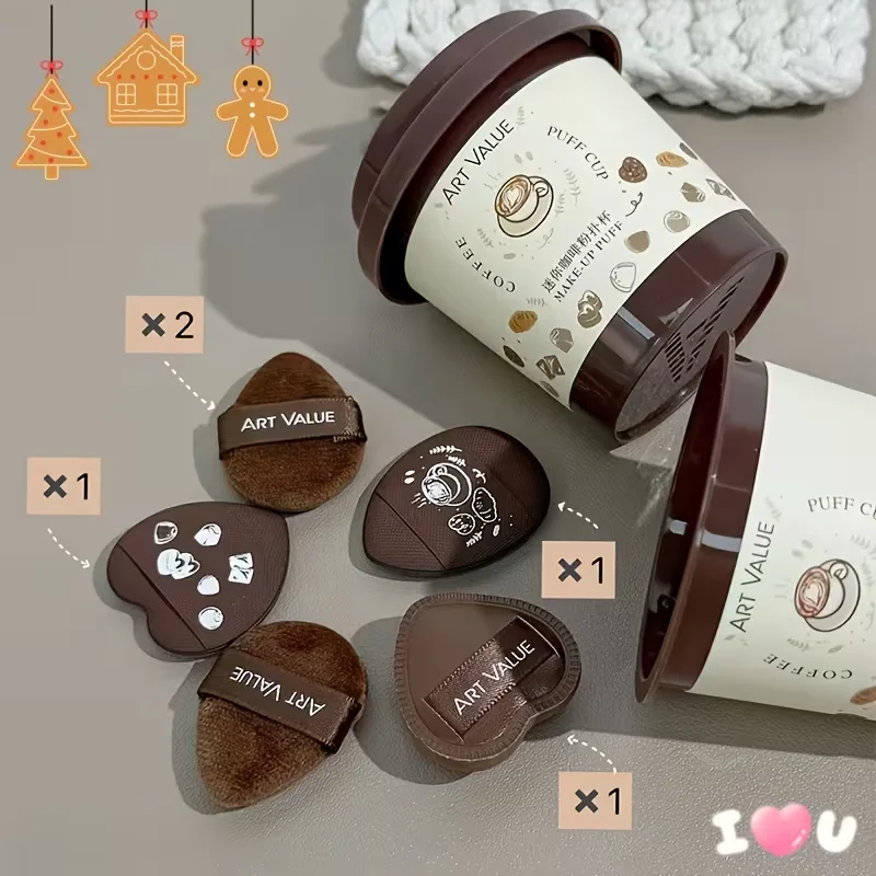 5PCS 미니 커피 파우더 퍼프 세트, 습식 및 건식 손가락 끝 스폰지, 부드러운 피부 친화적인 플로킹 메이크업 쿠션, 메이크업 도구