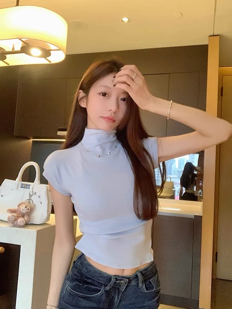 تي شيرت نسائي بأكمام قصيرة وقصة ضيقة، طراز كوري صيفي، تصميم أنيق ومتعدد الاستخدامات، ياقة نصف عالية، تي شيرت كاجوال.