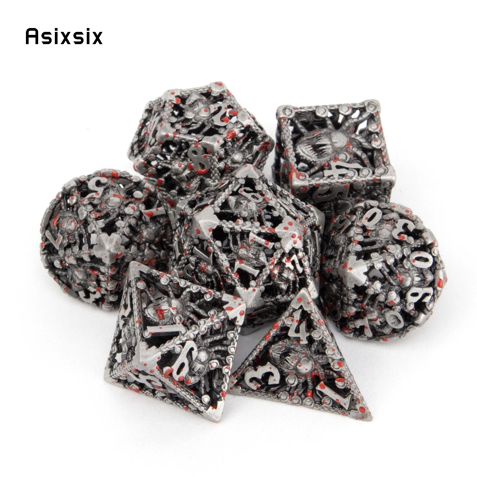

7 Pcs Silver Red Octopus Metal Dice Hollow Metal Polyhedral Dice Set Suitable for Role-Playing RPG Board Game Card Game