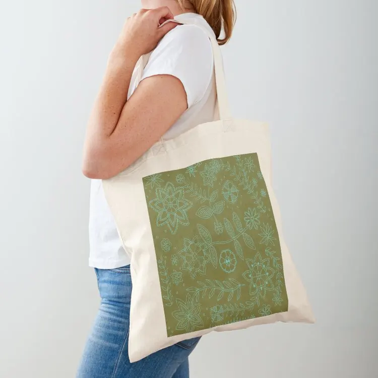 Bolso de mano con estampado Floral letón de oliva oscura y agua dibujado a mano, bolsos para carrito de compras, bolsos de compras para mujer 2025