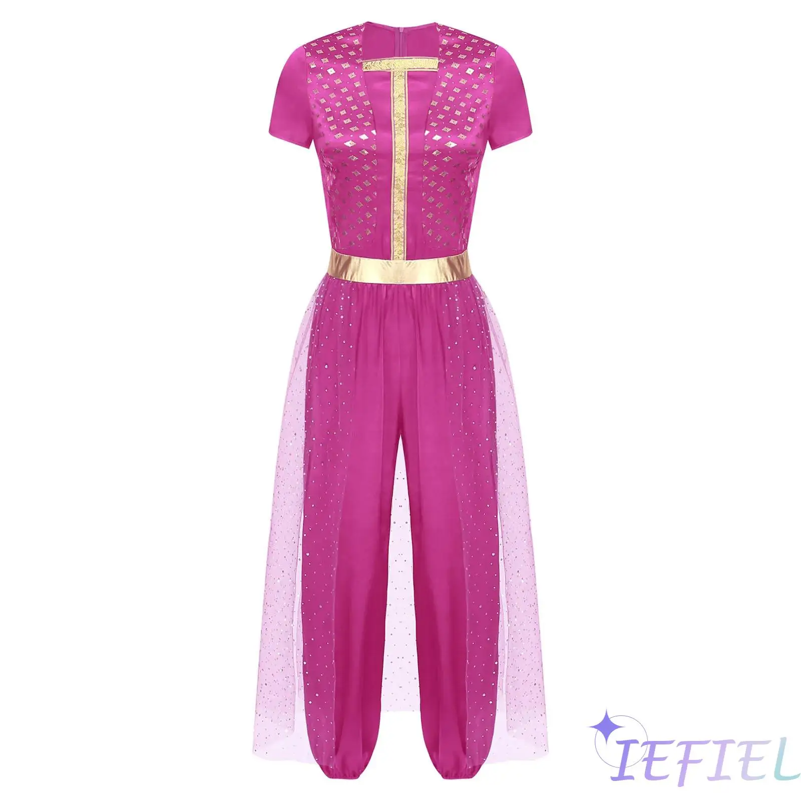

Womens Arabian Princess Cosplay Costume Metallic Shiny Long Pants with Sequined Tulle for Halloween Queen Role-play Jumpsuit