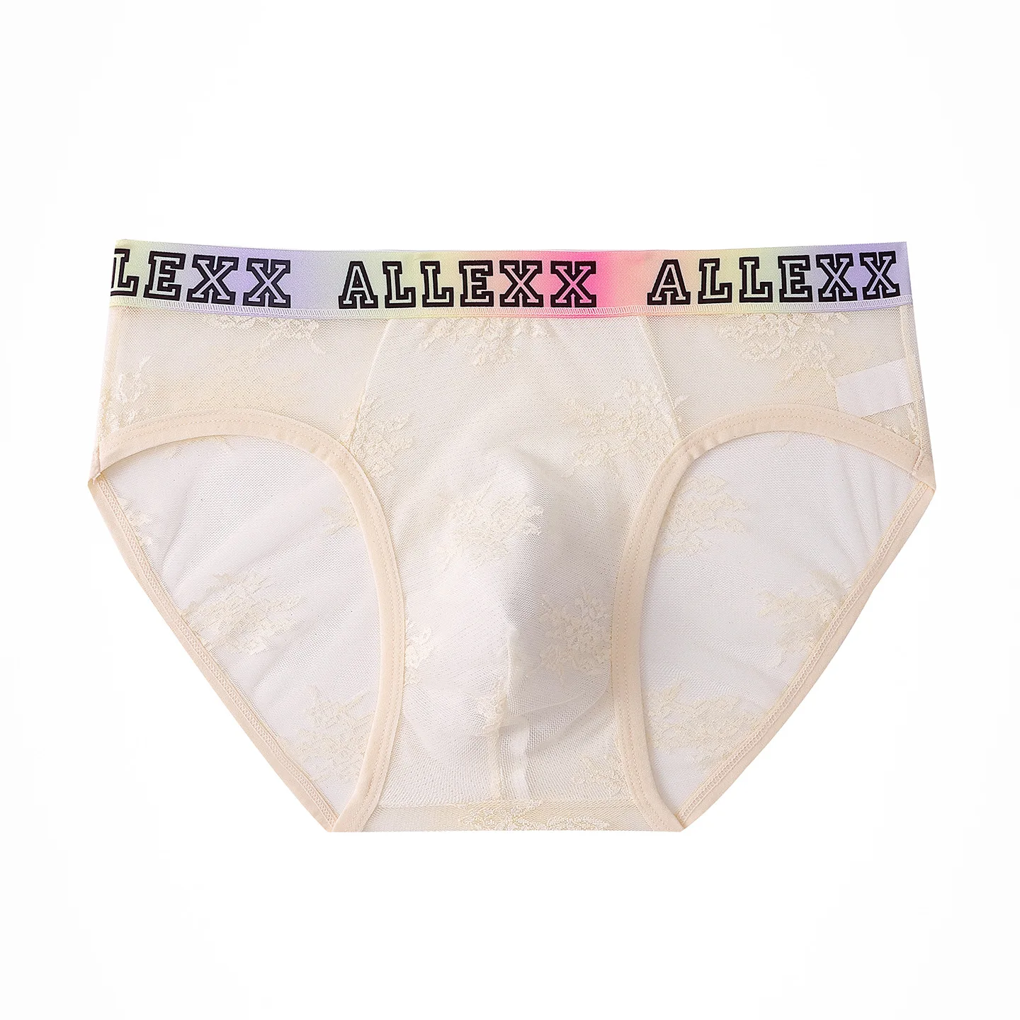 Men's Floral Lace Mesh Briefs with Gradient Logo Waistband 3D U-Convex Pouch Breathable Underwear Gays Fashion Sheer Underpants