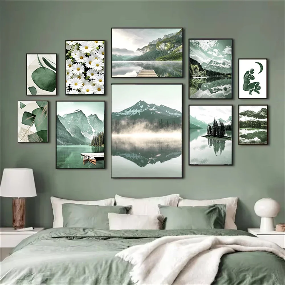 Green Lake Forest Mountain Daisy Abstract Wall Art Canvas Painting Nordic Posters And Prints Picture Living Room Home Decorat