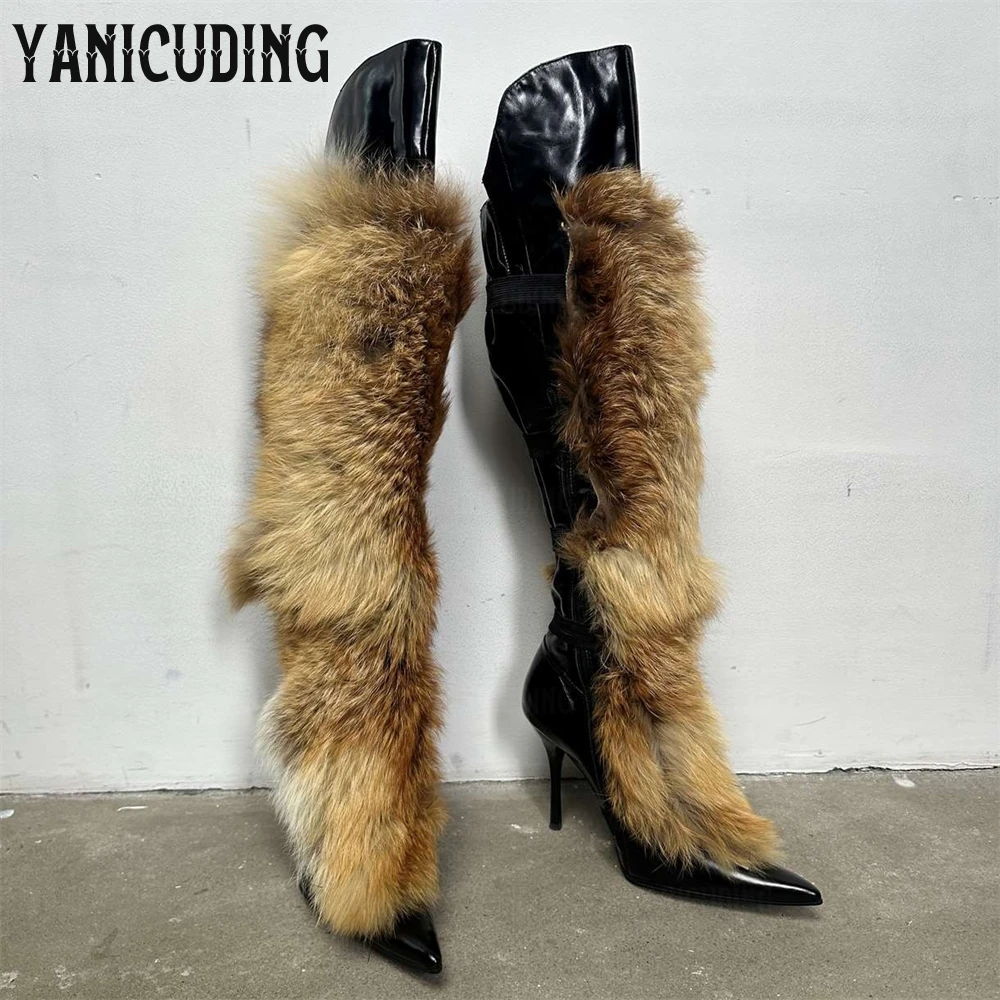 

Black Patent Leather Fur Boots Sexy Pointed Toe Zipper Boots Luxurious Handmade Fur Boots for Women Custom Color Stiletto Boots