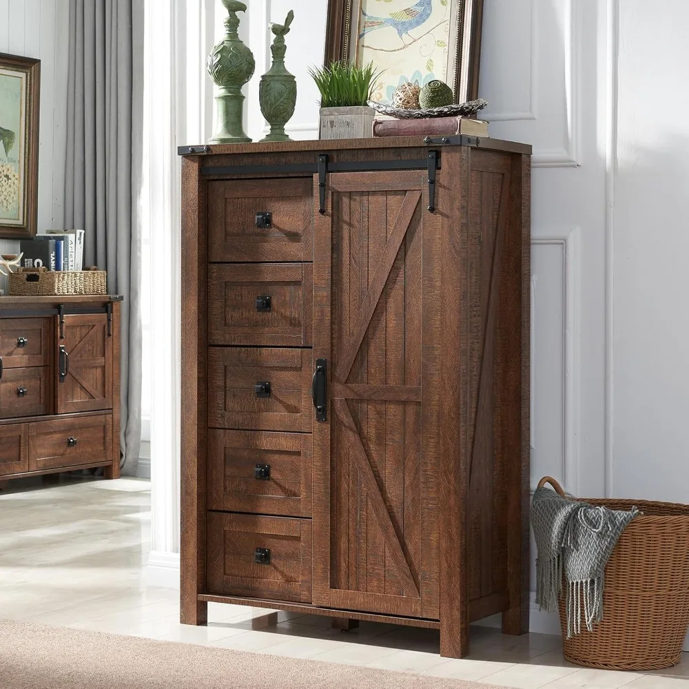 T4tream cômoda de 5 gavetas para quarto com porta deslizante de celeiro, cômoda moderna de fazenda alta 5 cômoda, organizador de armazenamento f