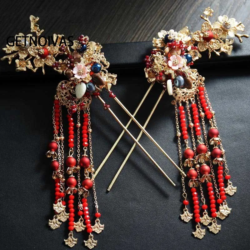 Chinese Style Wedding Phoenix Hairpin Earring Set Temperament Xiuhe Bridal Head Crown Long Tassels Hanfu Hair Accessories