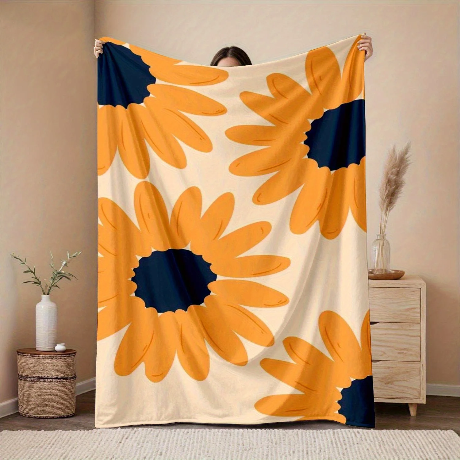 1pc Sunflower and round pattern blanket, polyester fabric, machine washable, suitable for bedroom, living room, and sofa use.