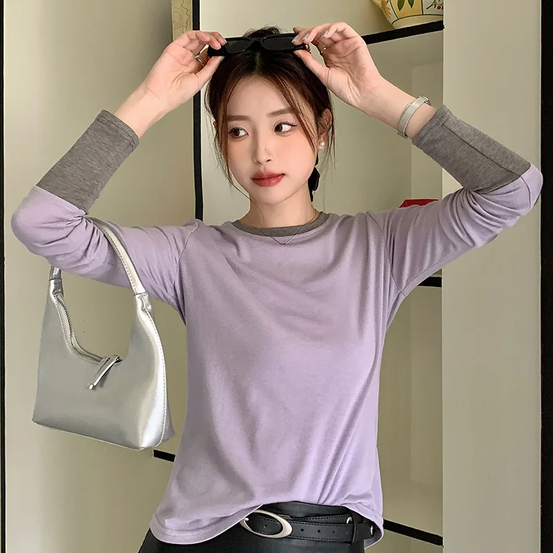 

Color block bottoming shirt for women 2024 new fake two-piece slim long-sleeved T-shirt round neck knitted top