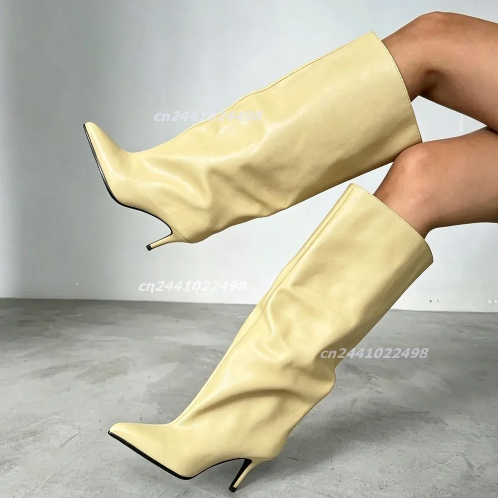 Damen0Leicht0Gelb0Spitze0Knie0Hohe0Hosenstiefel,0Lässiger0Faltbarer0Schaft0Design0Mattes0Leder,0Stiletto0Absatz0Slip0on0Schuhwerk