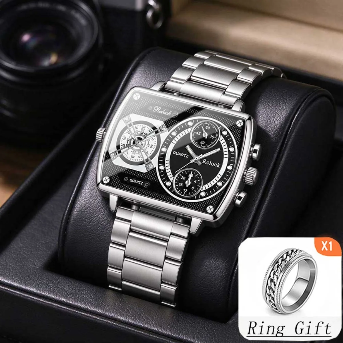 Men's Luxury Time Zone Quartz Watch Pack of 2 - Multi-Time Zone Watch with Ring Pointer Display, Suitable for Business