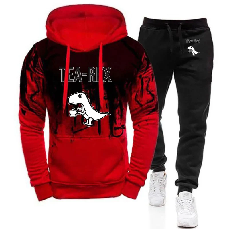 

2025 Spring And Autumn Man's Tea Rex Funny Dinosaur Drink Coffee Logo Print Pullover Sports Hoodies+High Quality Pants Suits