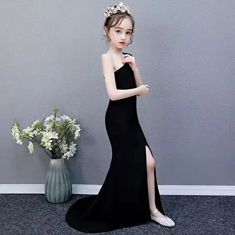 Flower Girl Dresses For Weddings Kids Black One Shoulder Sexy Side Slit Girls Party Dress 3 To 15 Years Communion Dress Girl