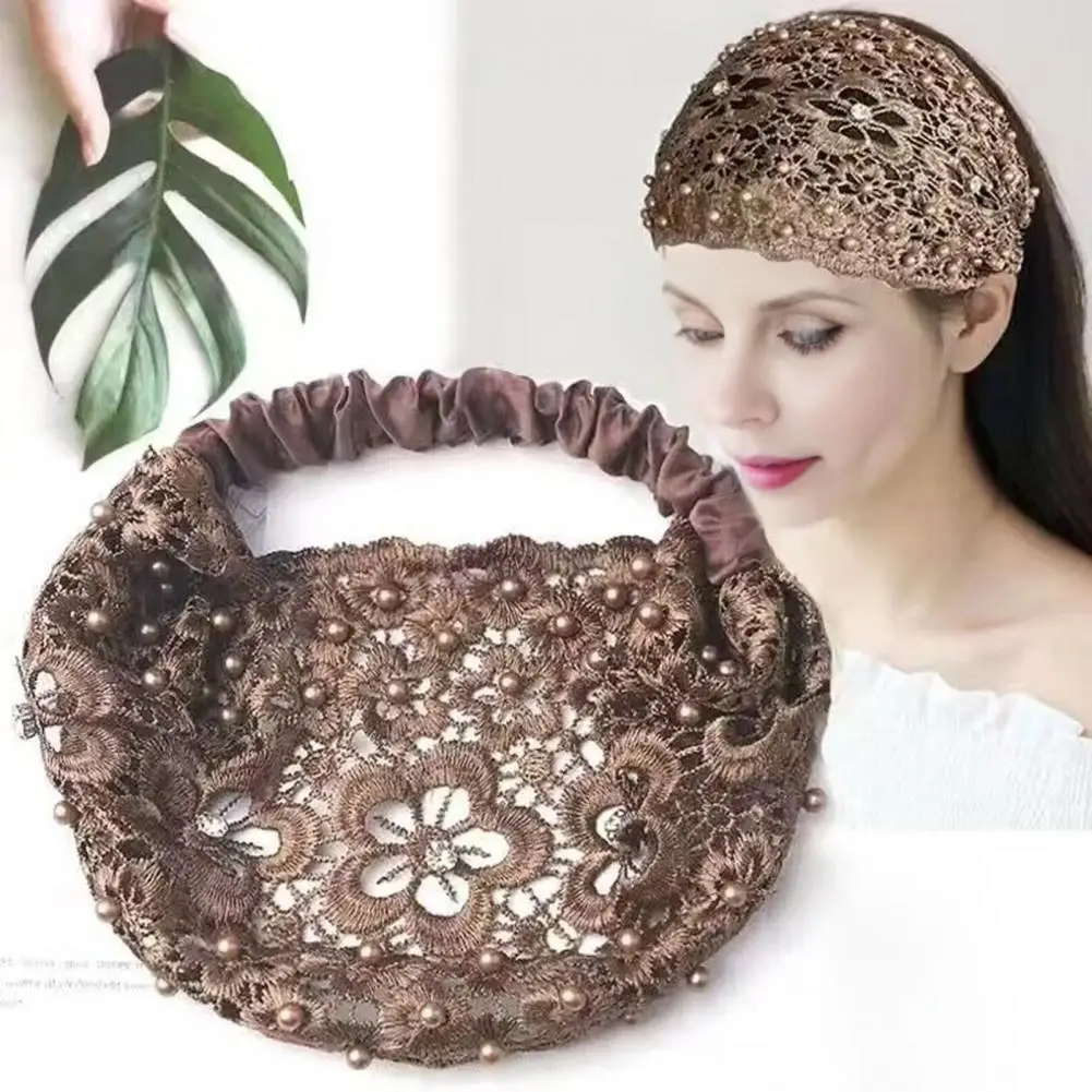 Faixa de cabeça de tecido elegante strass pérola bandana para mulheres oco flor padrão faixa de cabelo com alta elasticidade cabelo largo