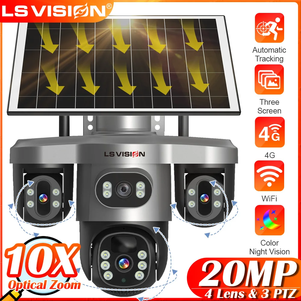 

LS VISION 10X Optical Zoom 4G LTE Solar Camera Outdoor Wireless Surveillance Camera 4 Lens 3 Screens Auto Tracking CCTV V380 Pro