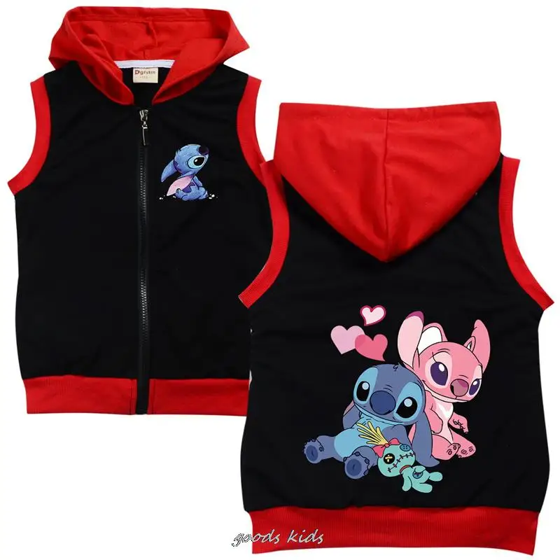 Lilo And Stitch Children\'s Cotton Hooded Vest Spring Sleeveless Kids Toddler Girls Boys Jacket Outwear Infant Baby Fall Clothes