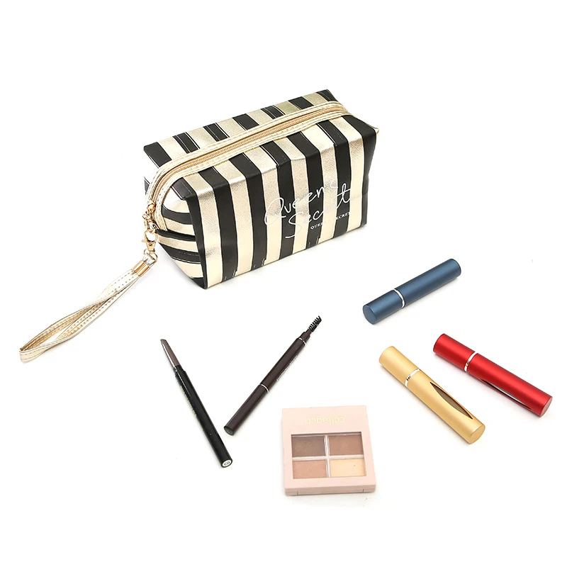 Saco de maquiagem portátil Stripe para mulheres, Saco portátil de alta beleza pequeno, Mini saco de armazenamento cosmético portátil