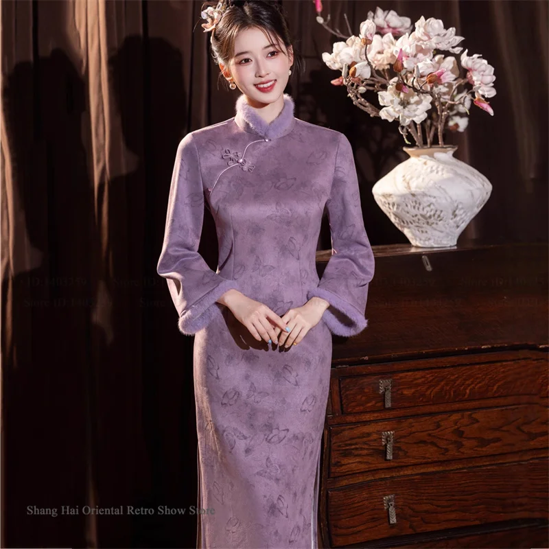 

Традиционное китайское длинное платье-ципао: элегантное, с длинными рукавами, винтажное, классическое, с воротником-стойкой, сексуальное платье-ципао.