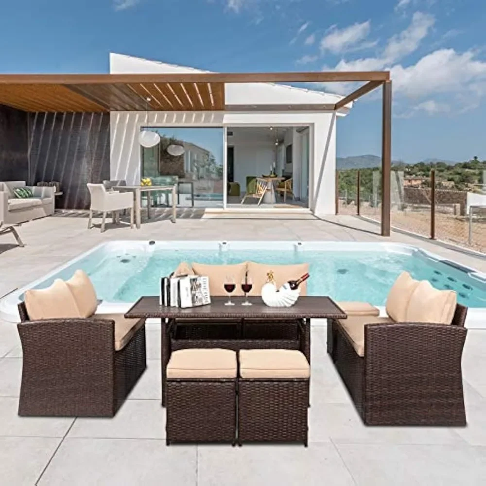 

Patio Furniture Set, 8 Pieces Outdoor Furniture with Dining Table&Chair, All Weather Wicker Outdoor Sectional Sofa