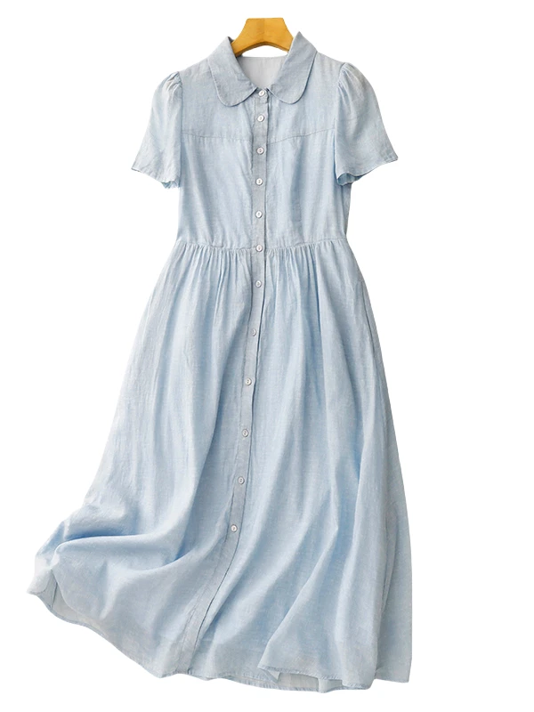 Color puro Blo algodón lino largo Svel muñeca Collar A-Line irt Dr adelgazamiento ropa de mujer de gran tamaño