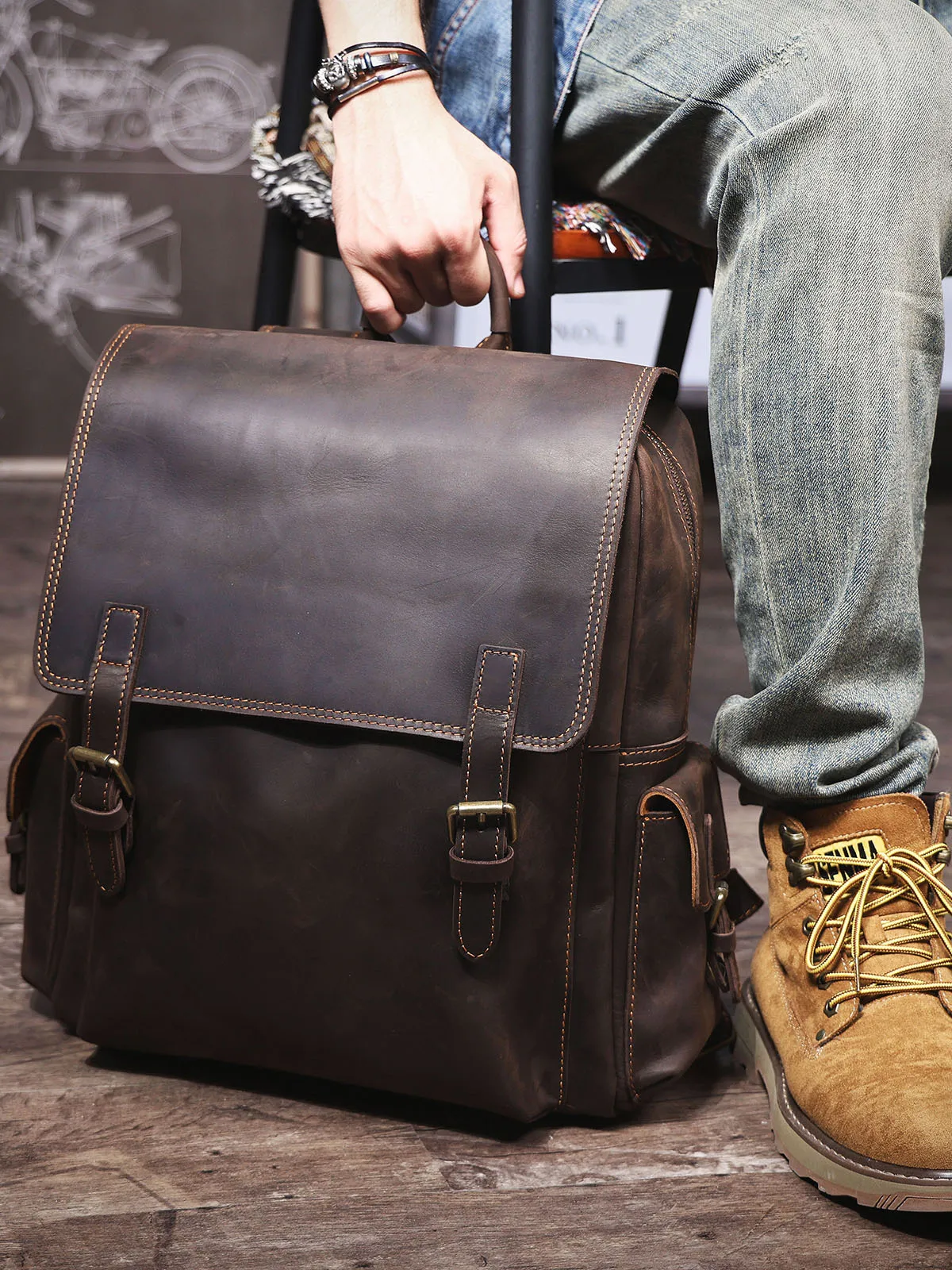 PNDME vintage crazy horse cowhide men's large-capacity backpacks outdoor travel casual luxury handmade genuine leather bagpack