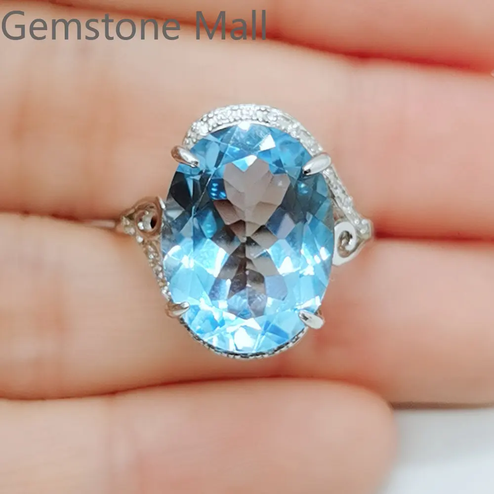 

6ct 100% Natural Light Blue Topaz Ring for Engagement 10mm*14mm VVS Grade Topaz Silver Ring Gift for Woman