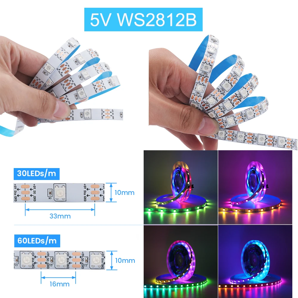 WS2811 WS2812B 5050 listwy RGB LED 30/60LEDs/m inteligentny, indywidualnie adresowany taśma LED pikselowy IP30 IP65 DC5V DC12V do dekoracji