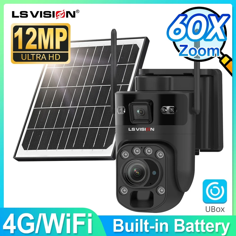 LS VISION 60X Zoom 12MP 4G/WiFi Solar Camera Outdoor Surveillance Cameras 40M IR Distacce Dual Screen Linkage Solar Camera Ubox