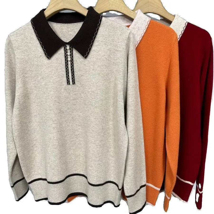 Casual Autumn Winter Loose Large Size Pullovers Sweaters Middle Aged Mother Long Sleeve Knitted Sweater Women Lapel Knit Jumper