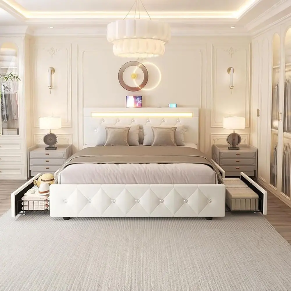 Full Size Bed with LED Lights, Storage Drawers, Adjustable PU Leather, 2 Power & 2 USB Ports, No Box Spring, Wooden Slat Support