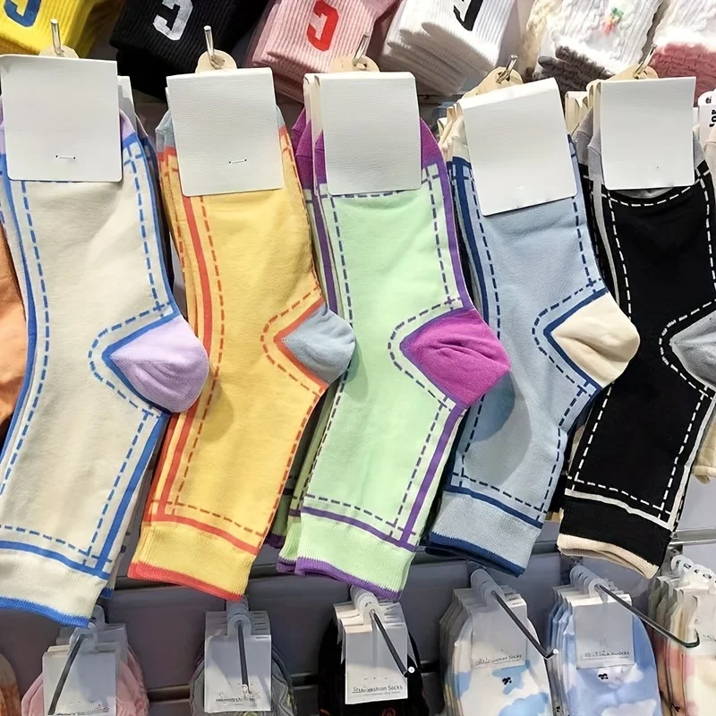 5 Pairs Colorful Striped Socks Women'S Mid-Tube Socks Striped Korean Style Joint Trendy Fashion Sports Socks Ins Solid Color