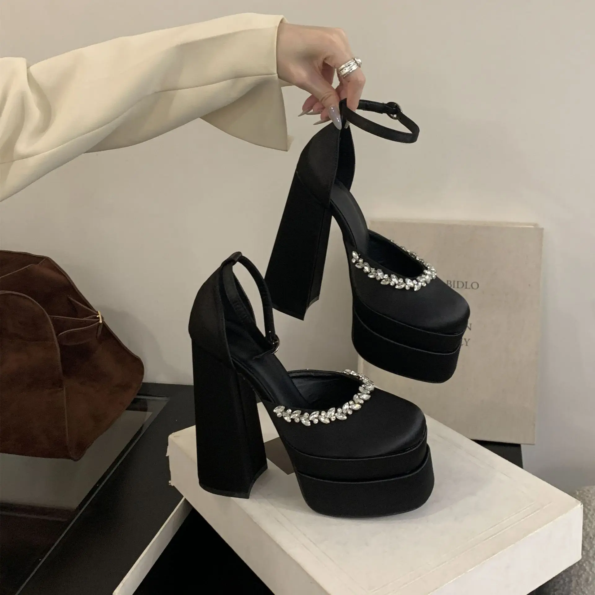 

New Arrival Women's 14CM Ultra High Heels, Square Toe Satin Sandals, Waterproof Platform Chunky Heel Runway Shoes, Hollow Party