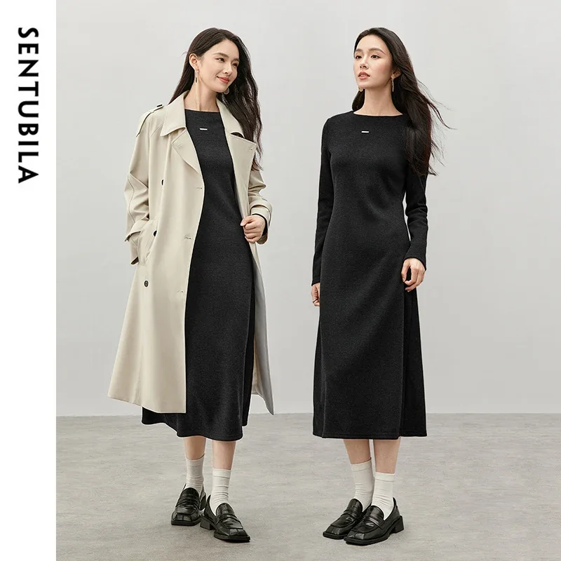 เดรสไหมพรมทรงเอสำหรับผู้หญิง SENTUBILA รุ่น 2025 ฤดูใบไม้ร่วง แขนยาว สีดำ ความยาวปานกลาง เหมาะสำหรับใส่ทำงานหรือไปงานเลี้ยงวันเกิด ดีไซน์หรูหรา รุ่น 144L57151