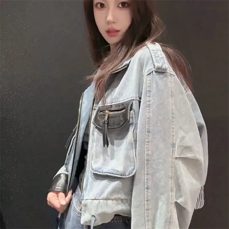 Women's Fashion Retro Patchwork Short Denim Jacket 2026 Women's Autumn New Item Small Loose Zipper Workwear Jacket Denim Jacket